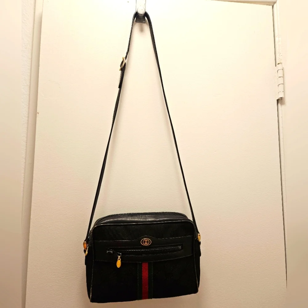 Gucci Vintage Accessory Collection Black GG Monogram Sherry Stripe Crossbody Bag - Picture 2 of 15